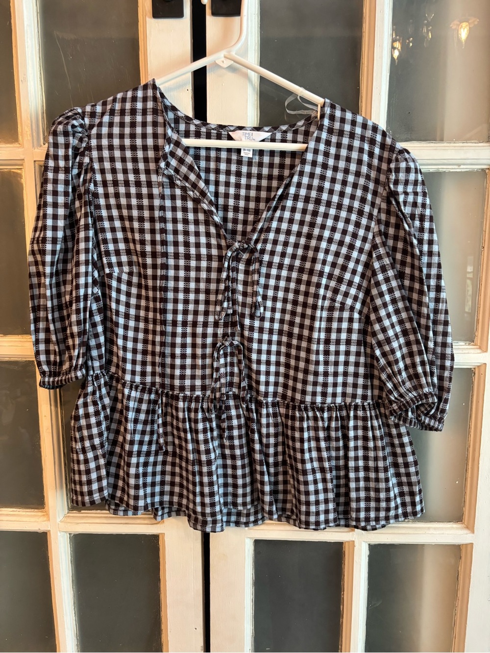 Time and Tru Blue and Brown Gingham Peplum Tie-Front Top